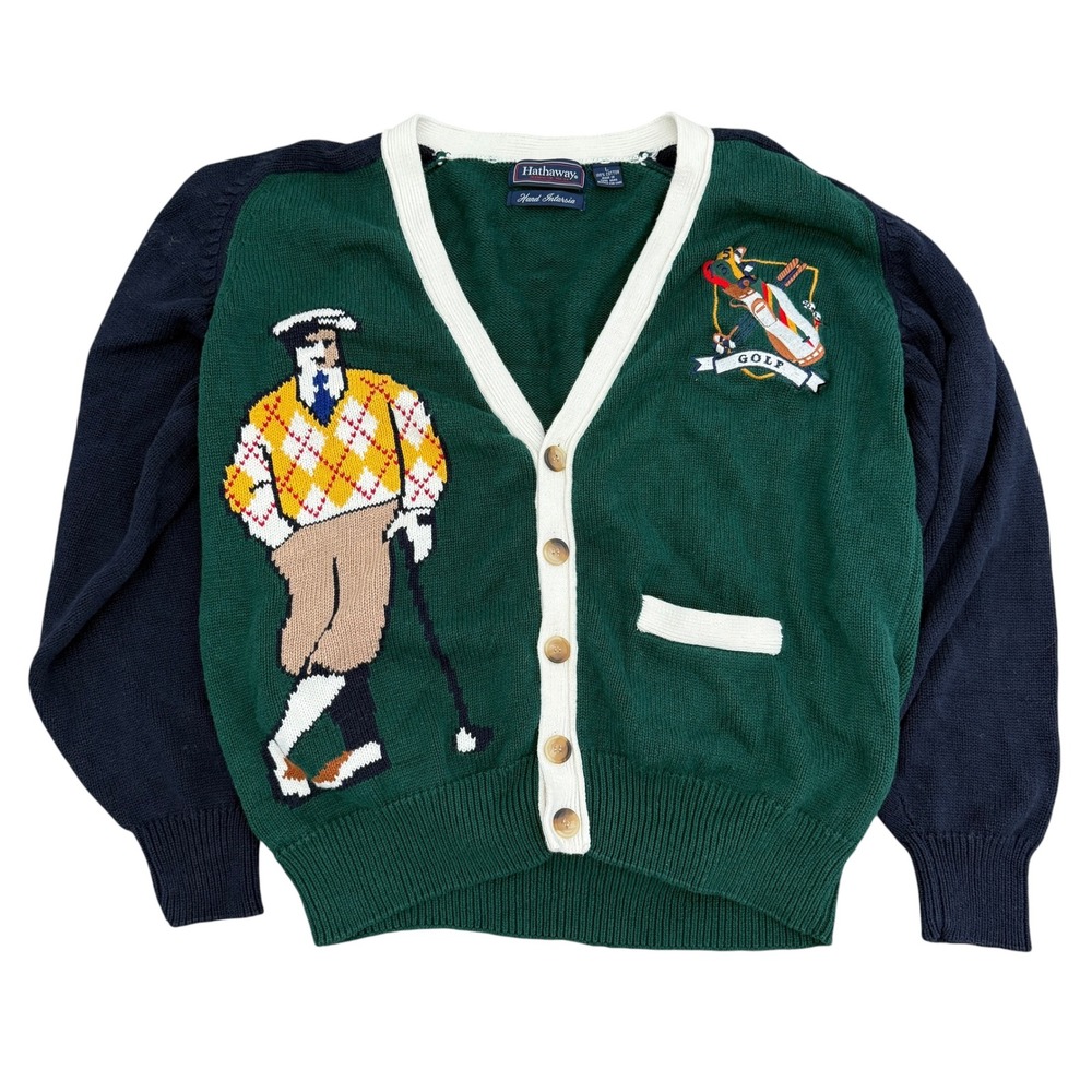 Hathaway Hand Intarsia Golf Cardigan Sweater Vintage 90s Large Green Navy Knit